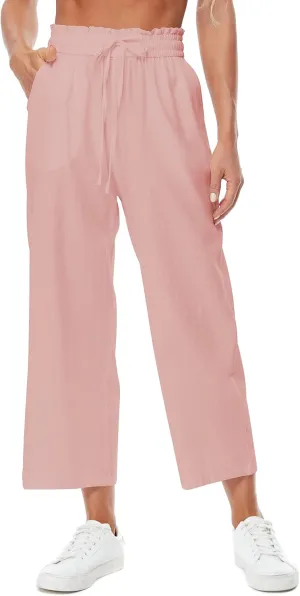 Womens Linen Pants Wide Leg High Waisted Drawstring Casual Loose Beach Pants with Pockets