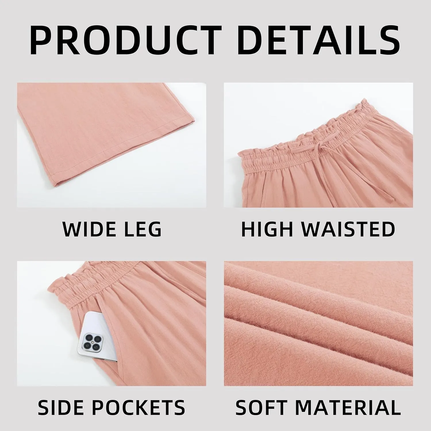 Womens Linen Pants Wide Leg High Waisted Drawstring Casual Loose Beach Pants with Pockets