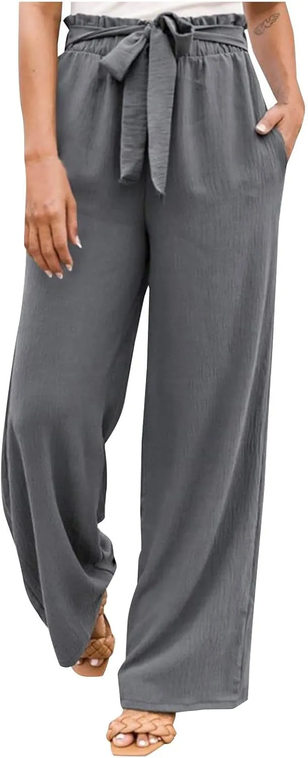 Women's Linen Summer Baggy Palazzo Pants Elastic Waisted Stretchy Loose Fit Palazzo Lounge Pants Office