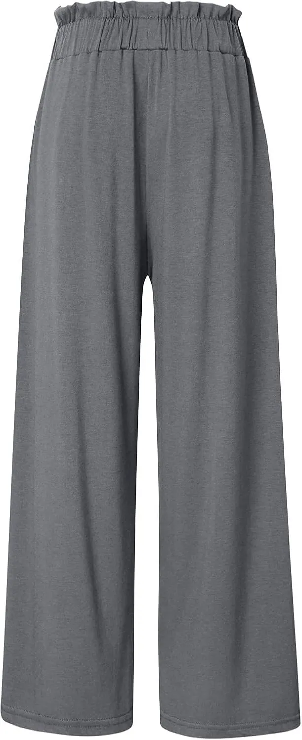 Women's Linen Summer Baggy Palazzo Pants Elastic Waisted Stretchy Loose Fit Palazzo Lounge Pants Office