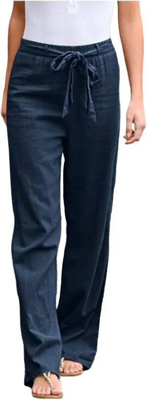 Womens Linen Summer Boho Palazzo Pants Low Waist Ankle Length Slim-Fit Pant Trousers Business Work
