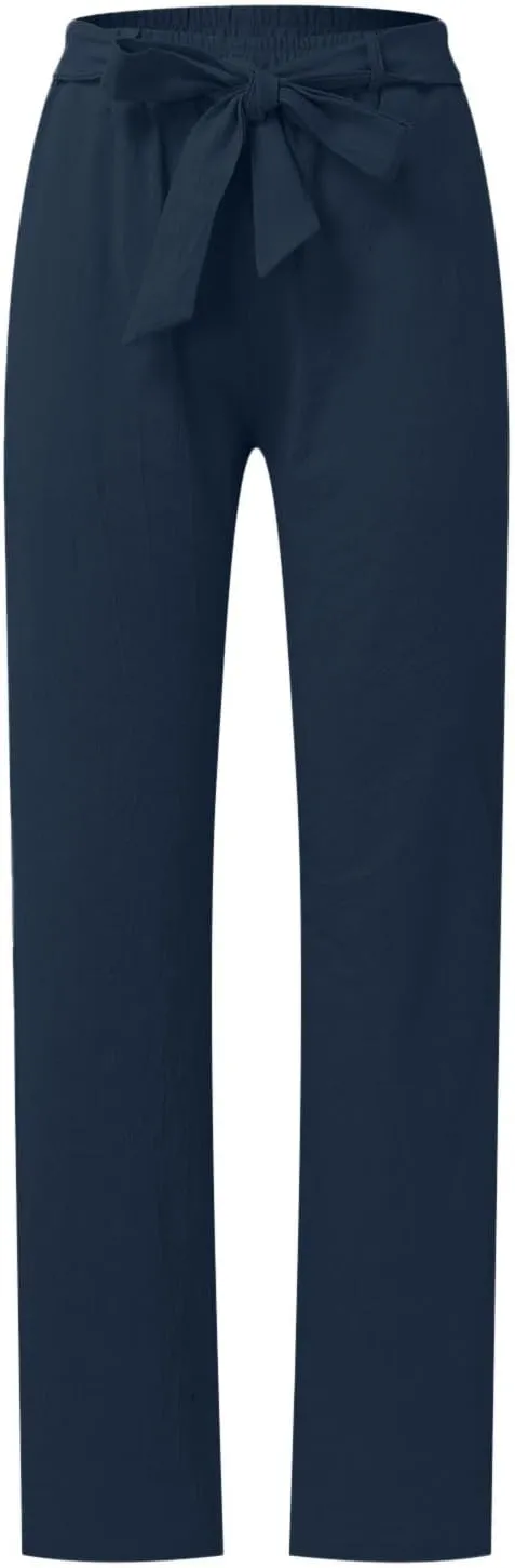 Womens Linen Summer Boho Palazzo Pants Low Waist Ankle Length Slim-Fit Pant Trousers Business Work