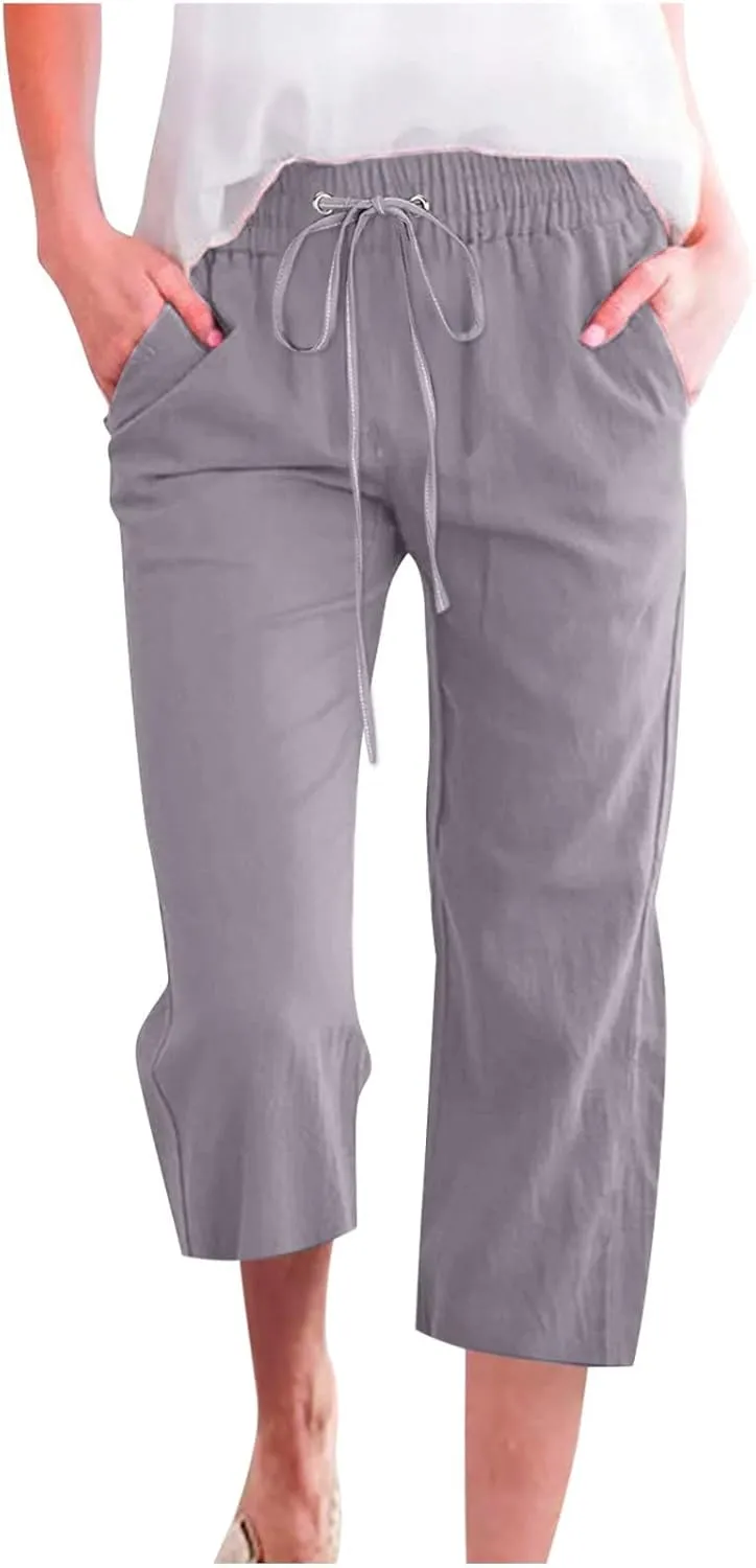 Women's Linen Summer Boho Pants High Waist Ankle Length Slim Fit Pants Business Work