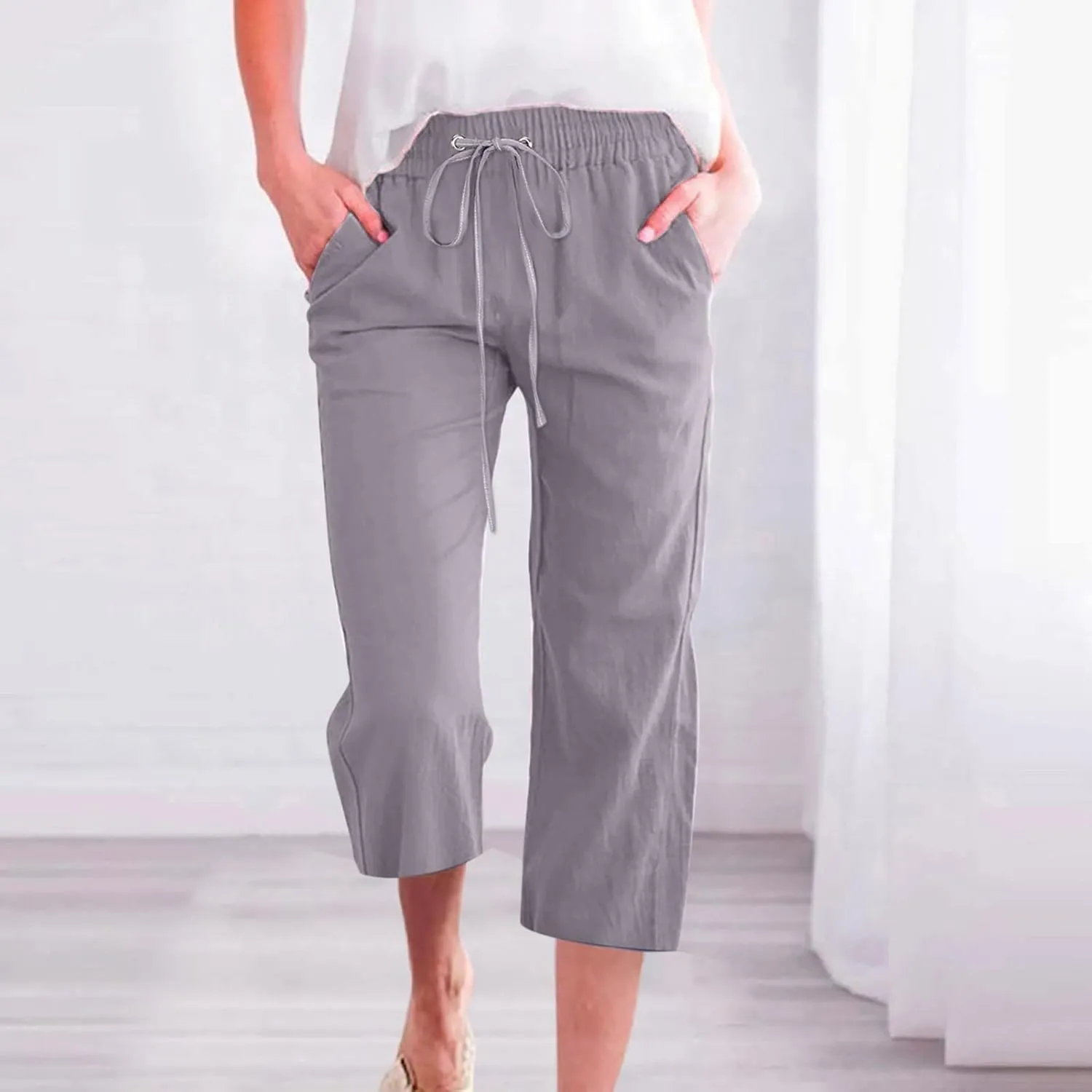 Women's Linen Summer Boho Pants High Waist Ankle Length Slim Fit Pants Business Work