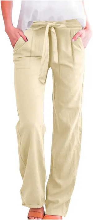 Womens Linen Summer Drawstring Pant Trousers Elastic Waisted Wide Leg Loose Fit Pants Beach