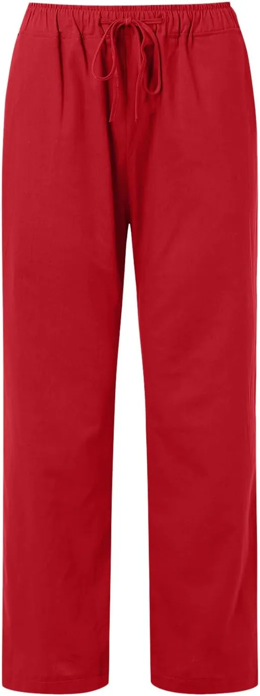 Women's Linen Summer Drawstring Pants High Waist Wide Leg Plus Size Trousers Travel