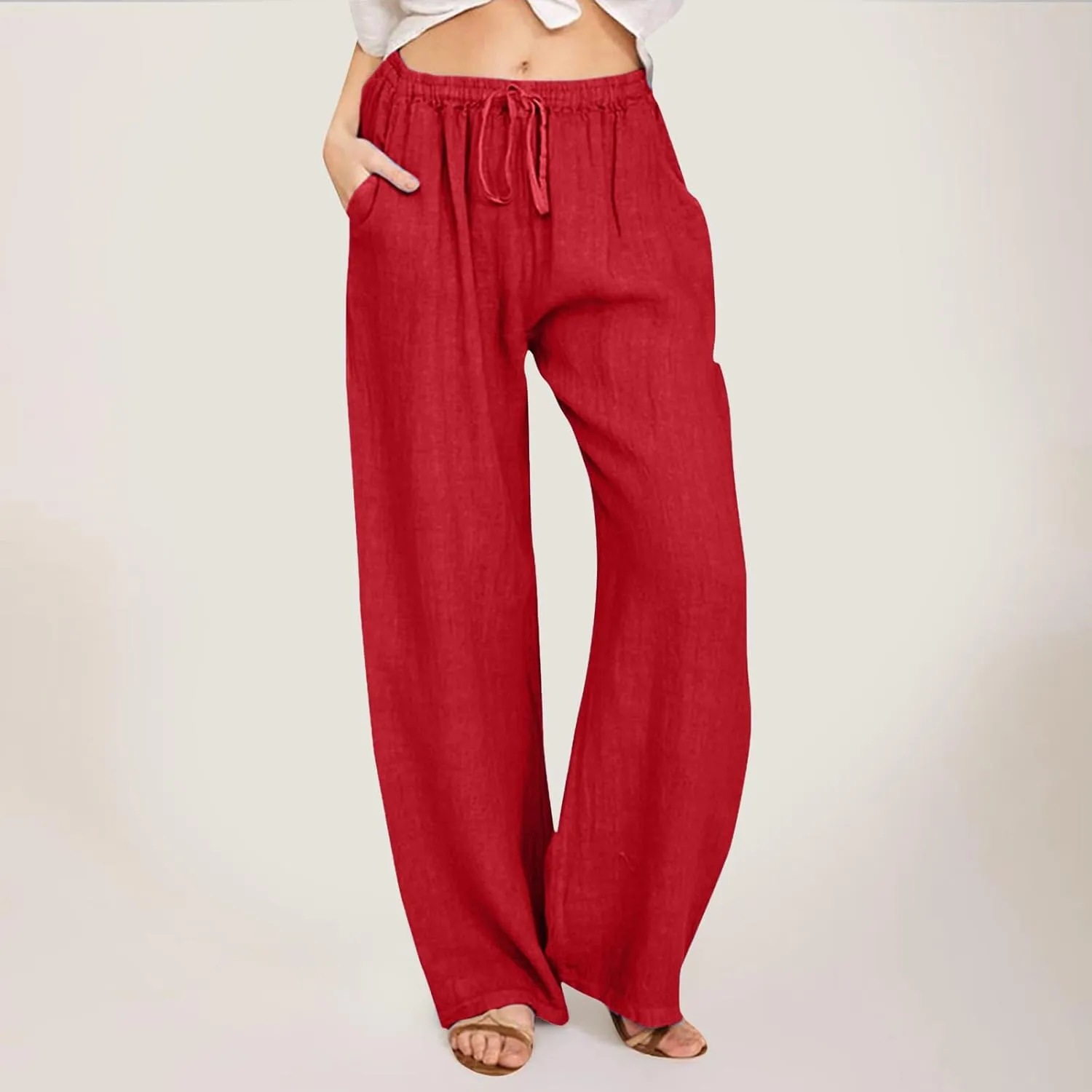 Women's Linen Summer Drawstring Pants High Waist Wide Leg Plus Size Trousers Travel