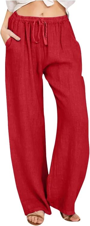 Women's Linen Summer Drawstring Pants High Waist Wide Leg Plus Size Trousers Travel
