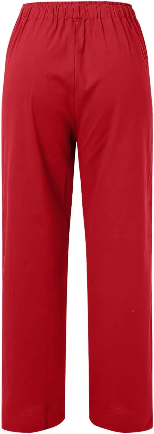 Women's Linen Summer Drawstring Pants High Waist Wide Leg Plus Size Trousers Travel