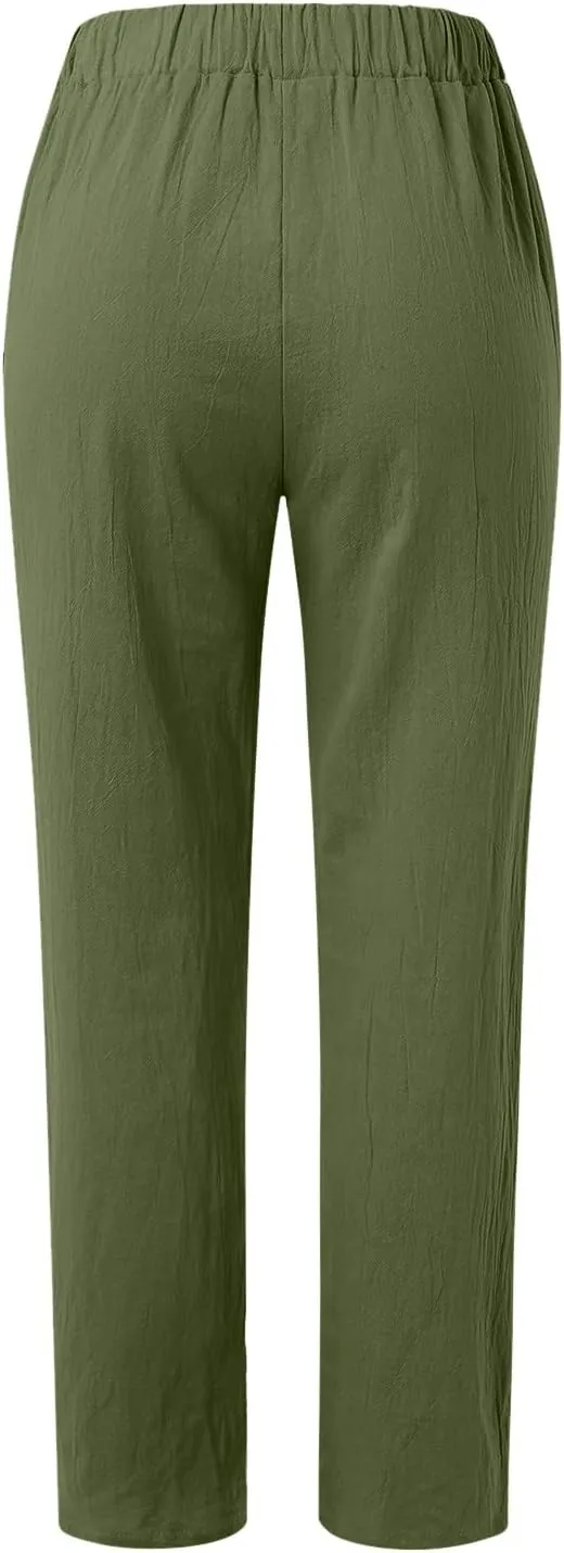 Womens Linen Summer Letter Patched Pants Elastic Waisted Stretchy Straight Plus Size Pant Trousers Vacation