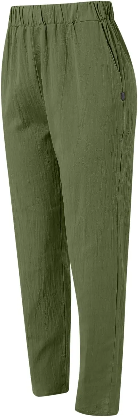 Womens Linen Summer Letter Patched Pants Elastic Waisted Stretchy Straight Plus Size Pant Trousers Vacation
