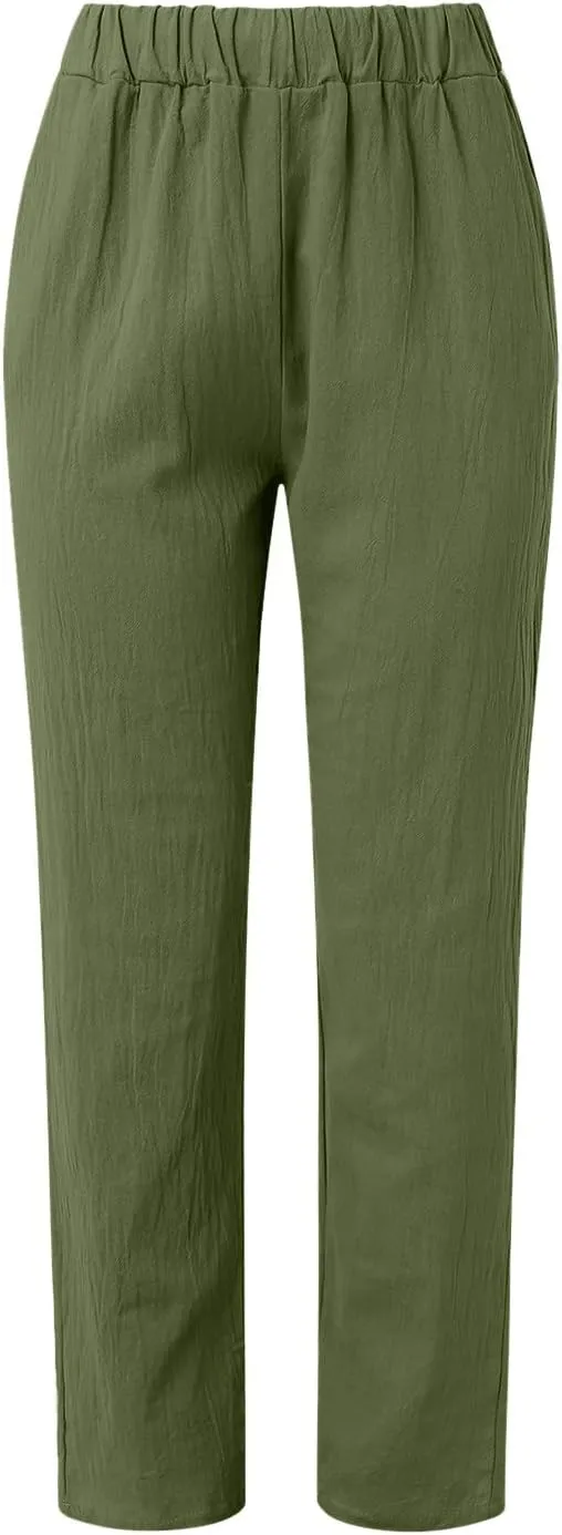 Womens Linen Summer Letter Patched Pants Elastic Waisted Stretchy Straight Plus Size Pant Trousers Vacation