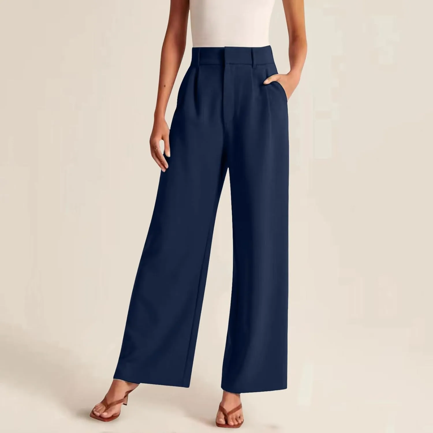 Women's Linen Summer Solid Palazzo Lounge Pants Low Waist Straight Slim-Fit Palazzo Lounge Pants Business Work
