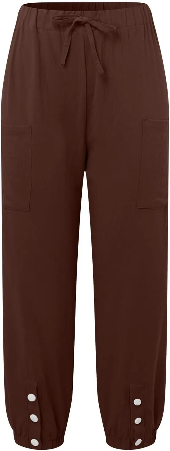 Womens Linen Summer Solid Pant Trousers High Waist Stretchy Straight Slim-Fit Pants Trendy