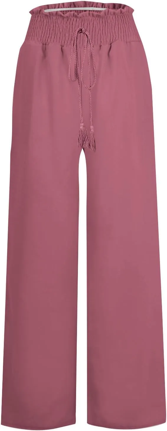 Womens Linen Summer Split Flowy Palazzo Lounge Pants Elastic Waist Bootcut Loose Fit Palazzo Pants Work Business