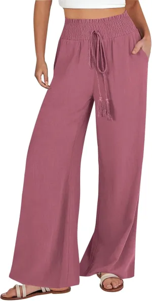 Womens Linen Summer Split Flowy Palazzo Lounge Pants Elastic Waist Bootcut Loose Fit Palazzo Pants Work Business