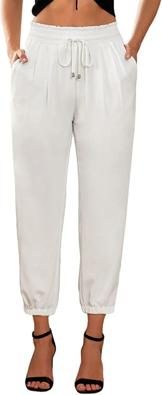 Womens Linen Summer Split Flowy Palazzo Lounge Pants Elastic Waist Bootcut Loose Fit Palazzo Pants Work Business