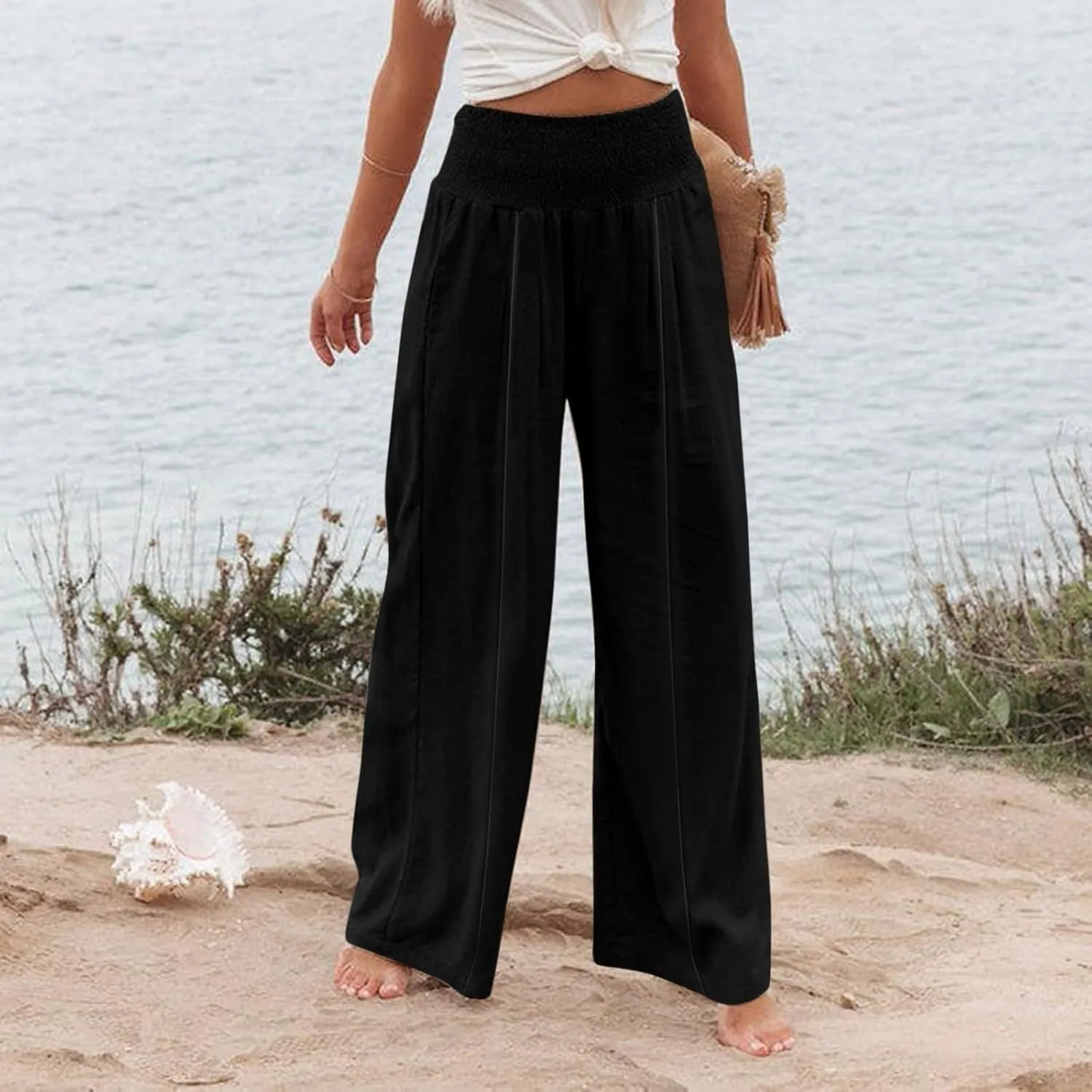 Womens Linen Summer Split Flowy Palazzo Lounge Pants Elastic Waisted Baggy Stretchy Loose Fit Palazzo Pants