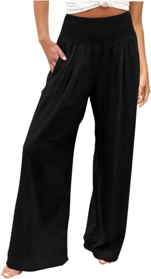 Womens Linen Summer Split Flowy Palazzo Lounge Pants Elastic Waisted Baggy Stretchy Loose Fit Palazzo Pants