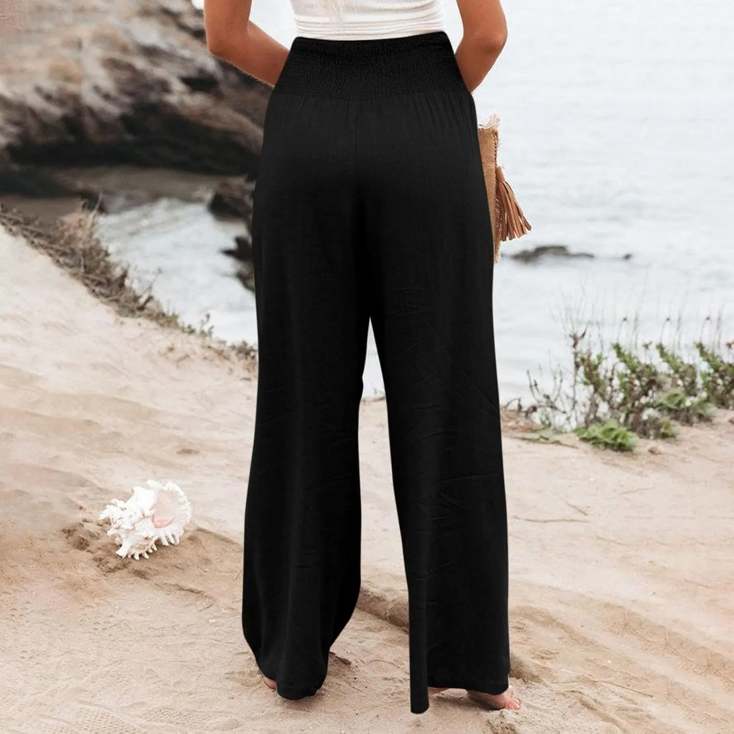Womens Linen Summer Split Flowy Palazzo Lounge Pants Elastic Waisted Baggy Stretchy Loose Fit Palazzo Pants