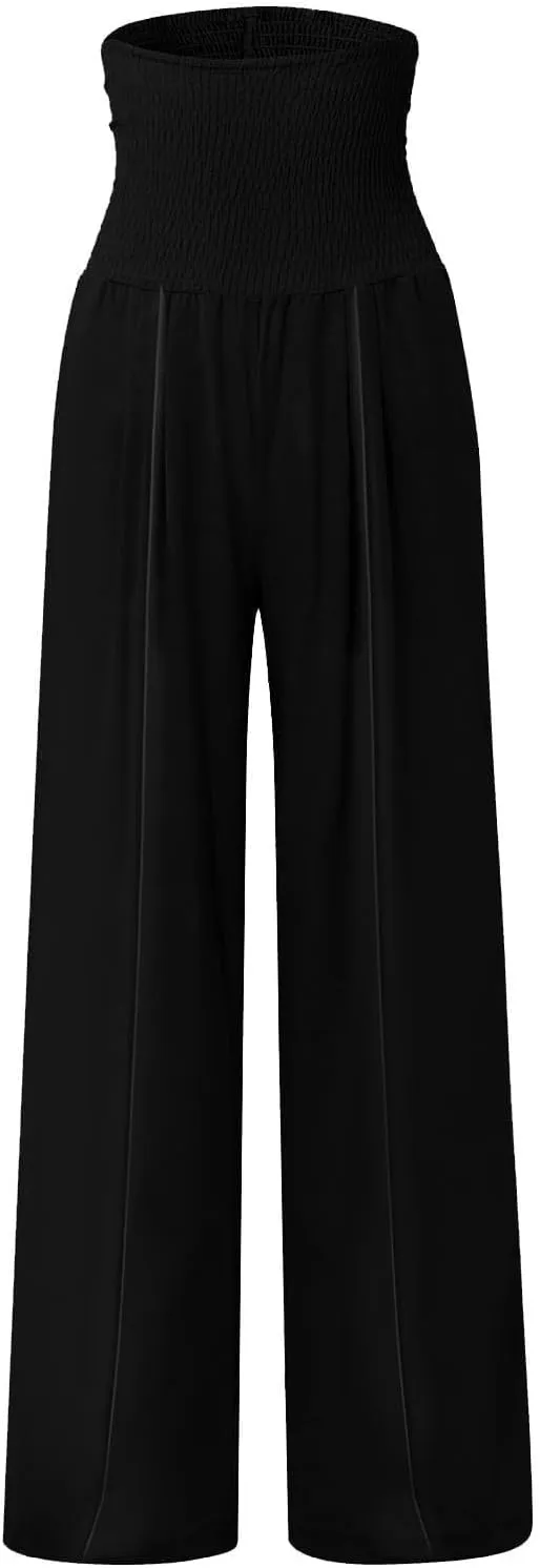 Womens Linen Summer Split Flowy Palazzo Lounge Pants Elastic Waisted Baggy Stretchy Loose Fit Palazzo Pants