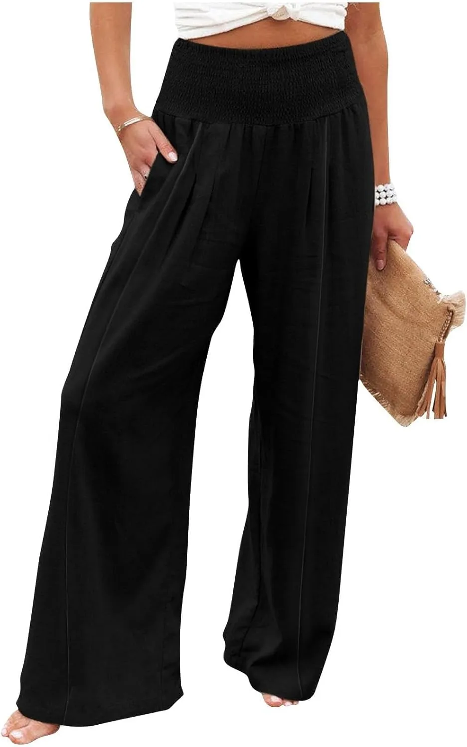 Womens Linen Summer Split Flowy Palazzo Lounge Pants Elastic Waisted Baggy Stretchy Loose Fit Palazzo Pants