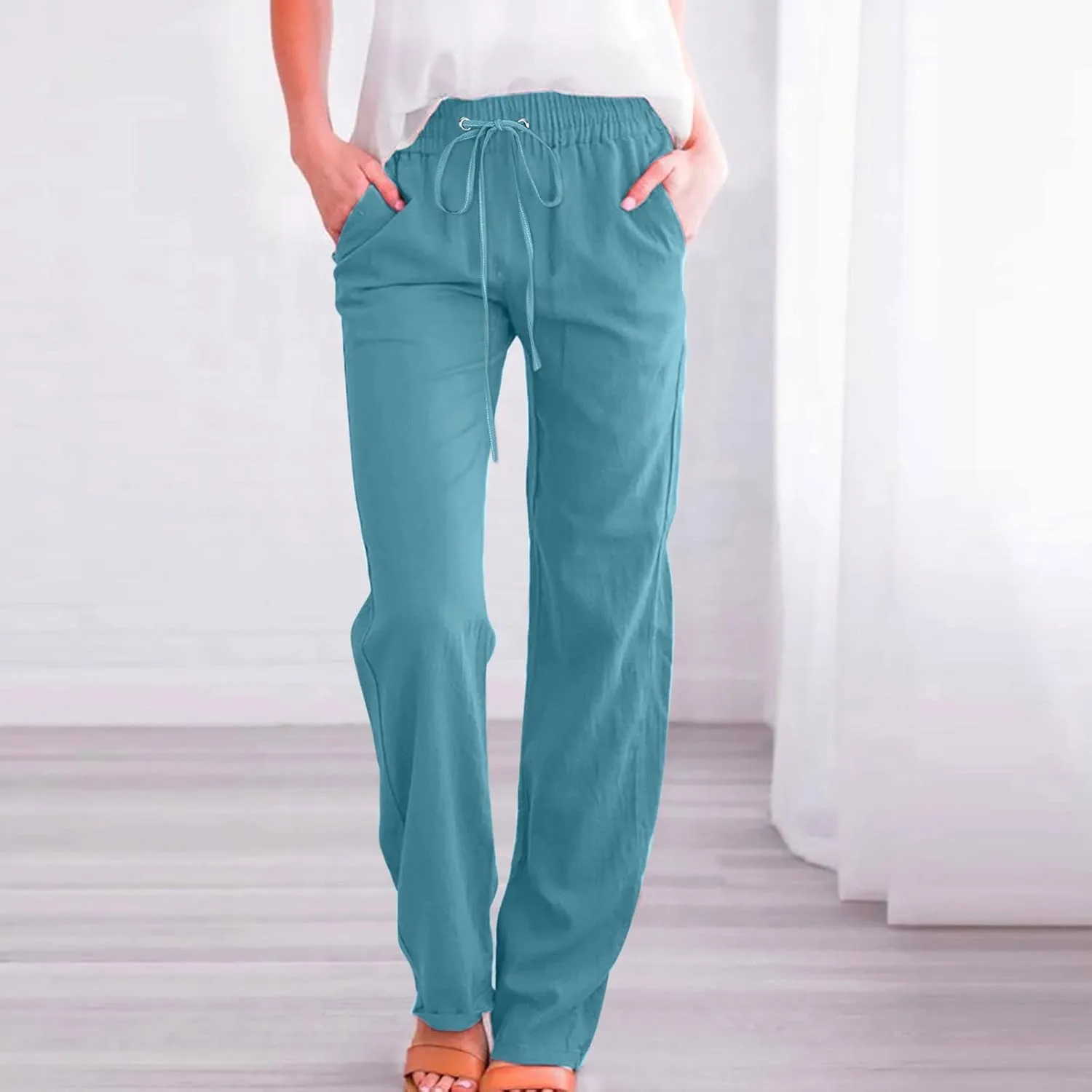 Womens Linen Summer Trendy Palazzo Pants High Waist Wide Leg Slim Fit Palazzo Pants Business Work