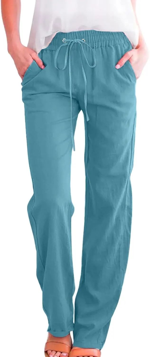 Womens Linen Summer Trendy Palazzo Pants High Waist Wide Leg Slim Fit Palazzo Pants Business Work