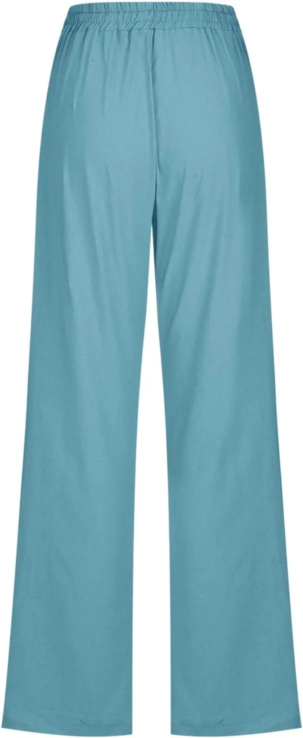 Womens Linen Summer Trendy Palazzo Pants High Waist Wide Leg Slim Fit Palazzo Pants Business Work