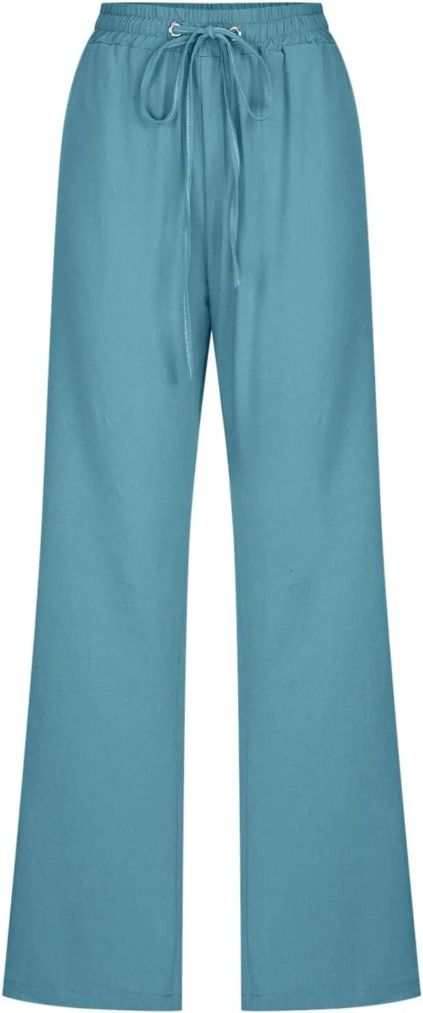 Womens Linen Summer Trendy Palazzo Pants High Waist Wide Leg Slim Fit Palazzo Pants Business Work