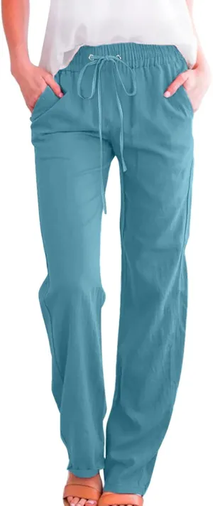 Womens Linen Summer Trendy Palazzo Pants High Waist Wide Leg Slim Fit Palazzo Pants Business Work