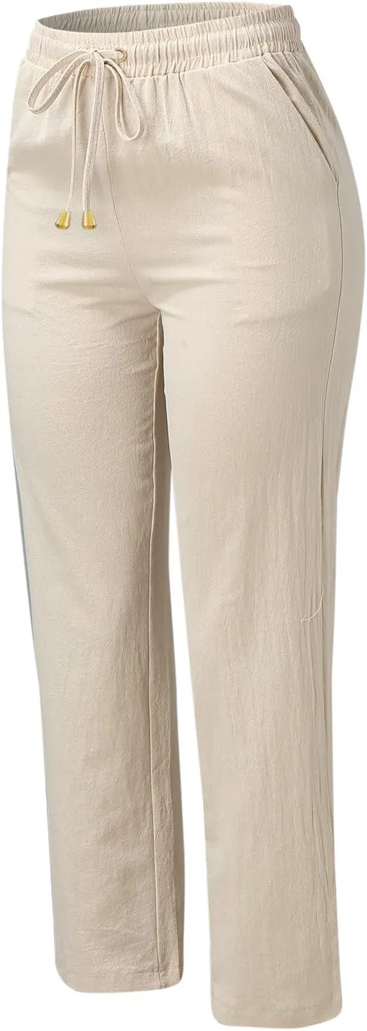 Women's Linen Summer Y2K Fashion Palazzo Pants Elastic Waisted Straight Plus Size Trouser Vacation