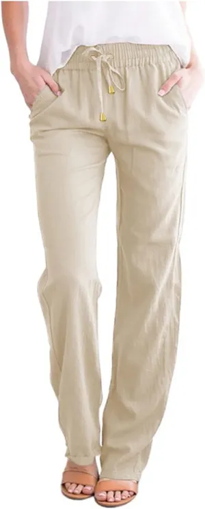 Women's Linen Summer Y2K Fashion Palazzo Pants Elastic Waisted Straight Plus Size Trouser Vacation
