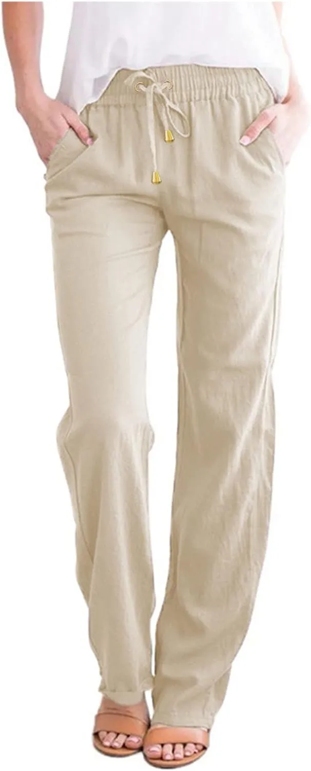 Women's Linen Summer Y2K Fashion Palazzo Pants Elastic Waisted Straight Plus Size Trouser Vacation