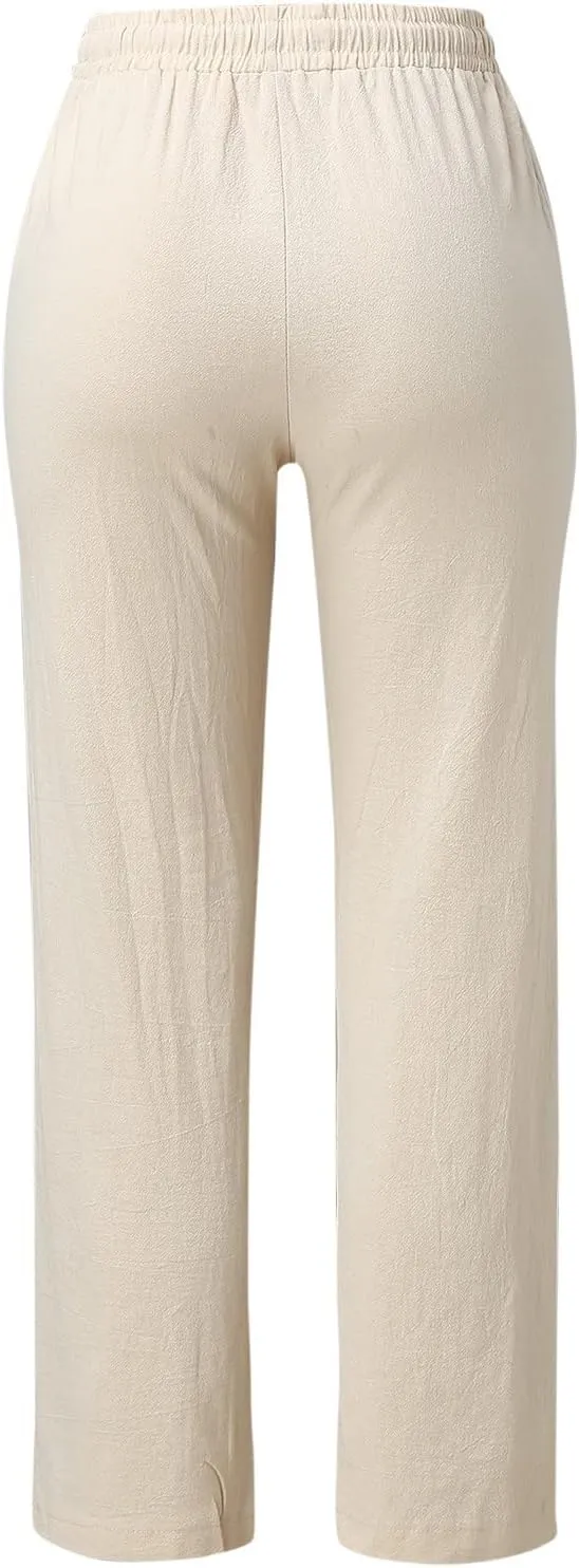 Women's Linen Summer Y2K Fashion Palazzo Pants Elastic Waisted Straight Plus Size Trouser Vacation
