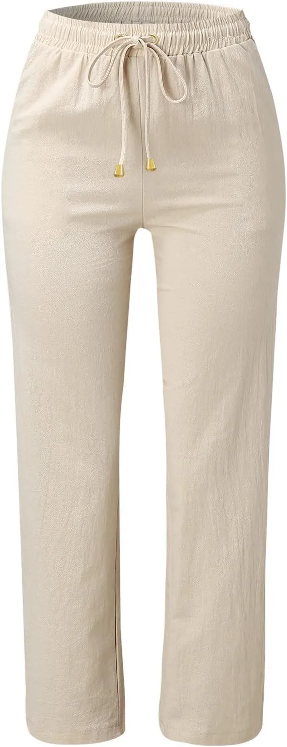 Women's Linen Summer Y2K Fashion Palazzo Pants Elastic Waisted Straight Plus Size Trouser Vacation