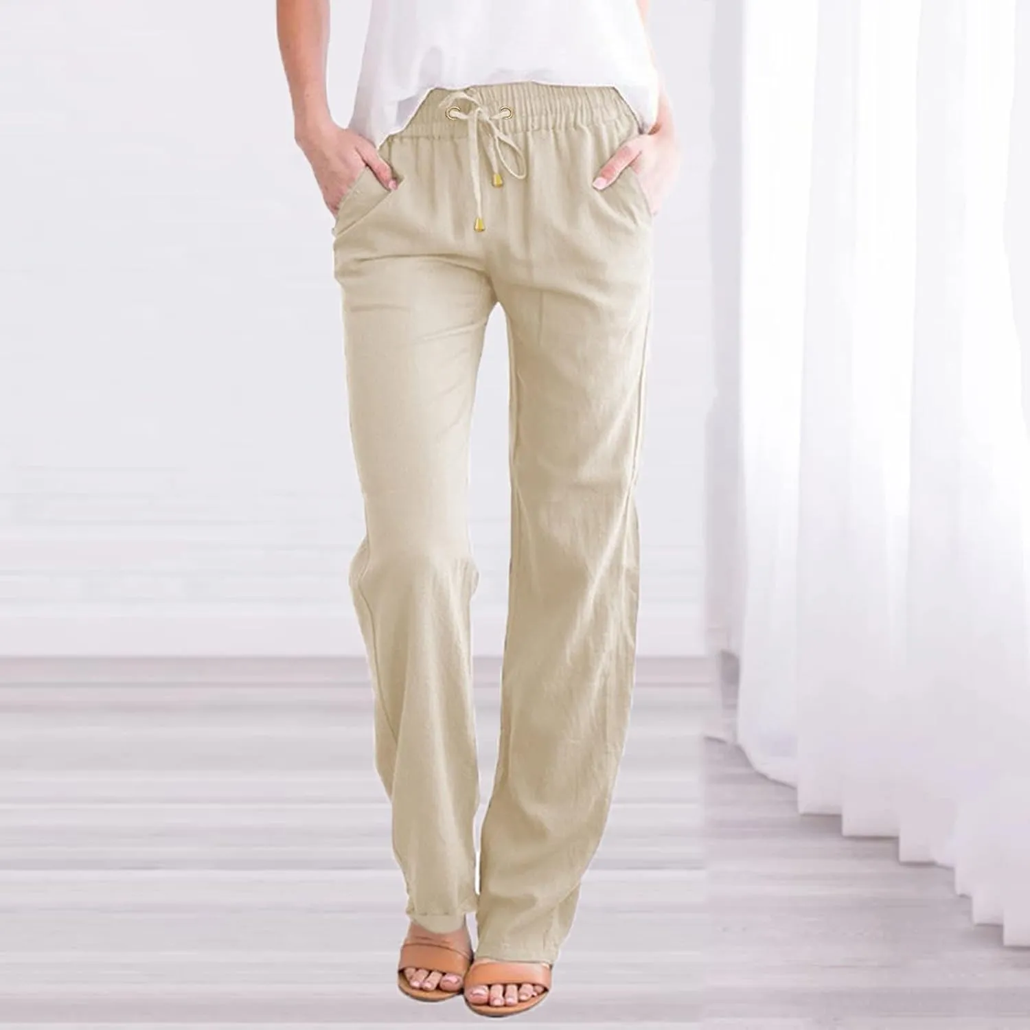 Women's Linen Summer Y2K Fashion Palazzo Pants Elastic Waisted Straight Plus Size Trouser Vacation