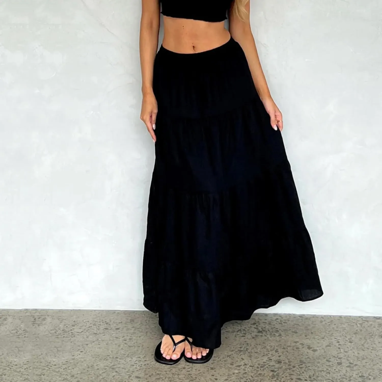 Women's Long Maxi Skirts Elastic High Waist Tiered Flowy Long Skirt Pleated Swing A-Line Maxi Summer Beach Skirt