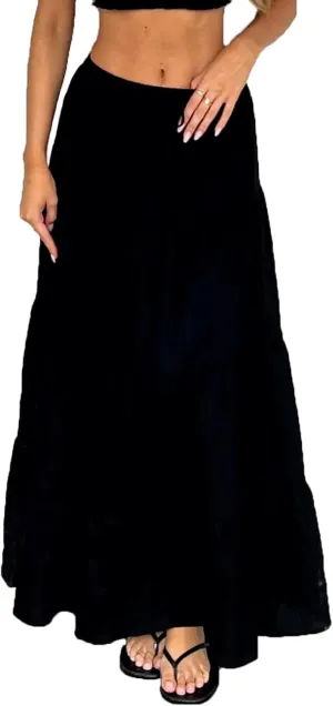 Women's Long Maxi Skirts Elastic High Waist Tiered Flowy Long Skirt Pleated Swing A-Line Maxi Summer Beach Skirt