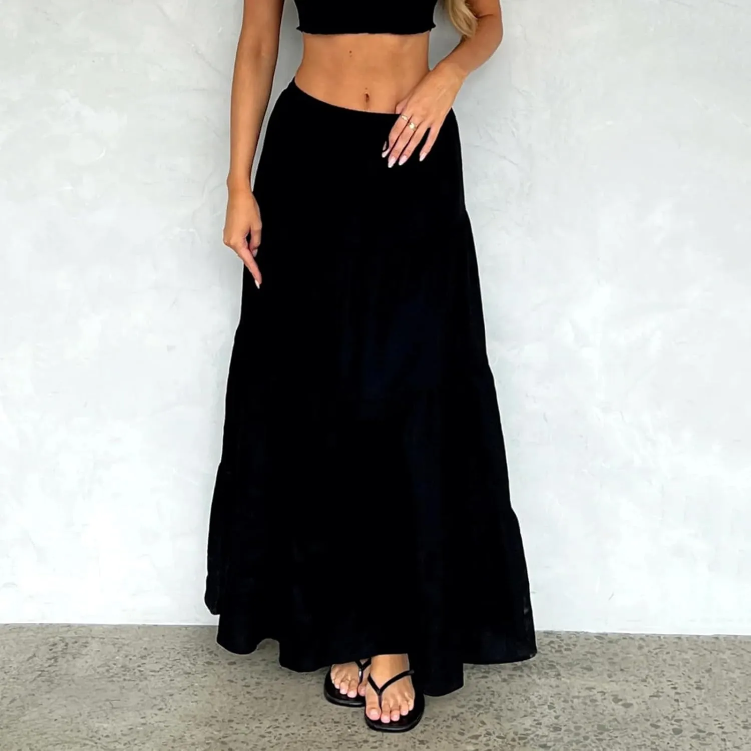 Women's Long Maxi Skirts Elastic High Waist Tiered Flowy Long Skirt Pleated Swing A-Line Maxi Summer Beach Skirt