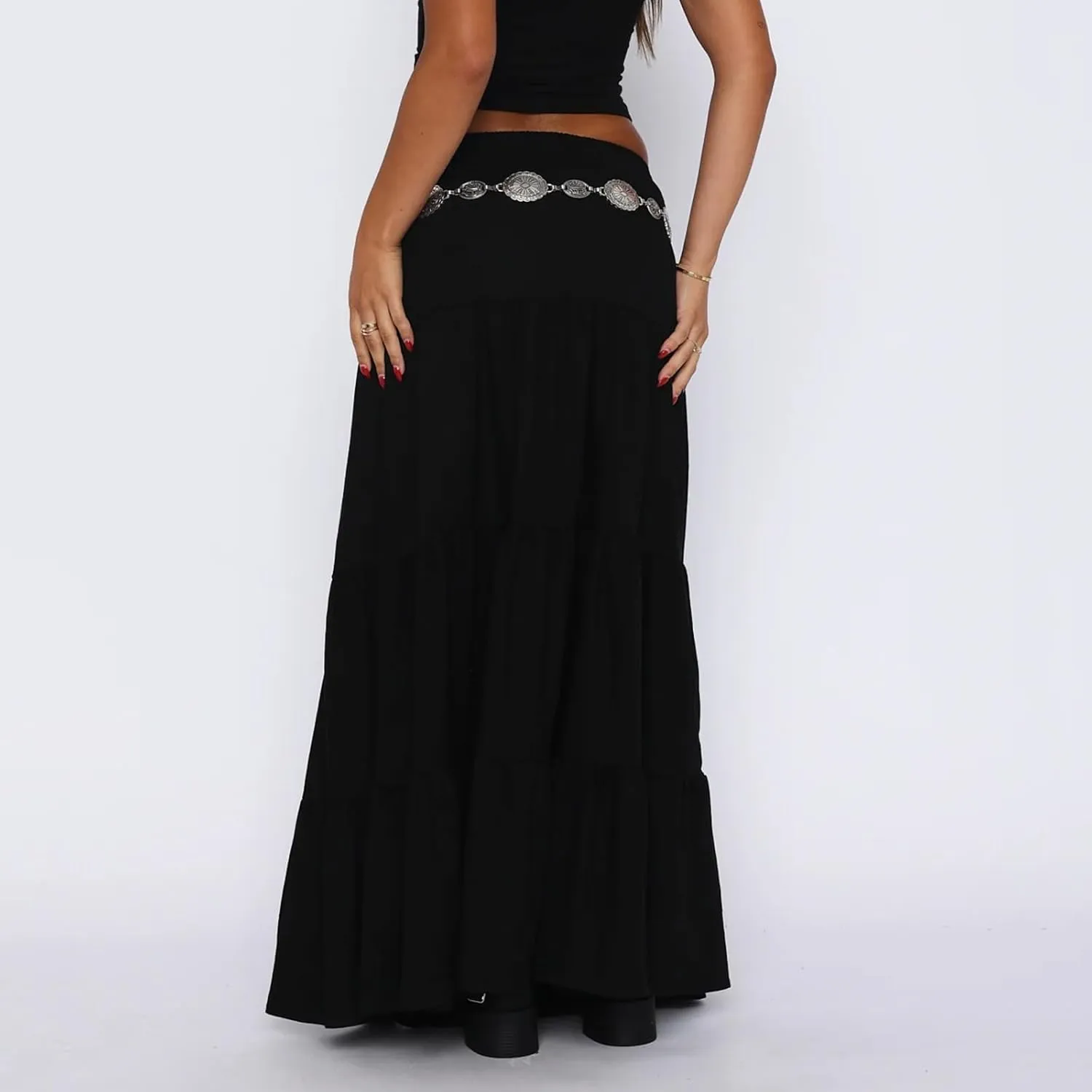 Women's Long Maxi Skirts Elastic High Waist Tiered Flowy Long Skirt Pleated Swing A-Line Maxi Summer Beach Skirt