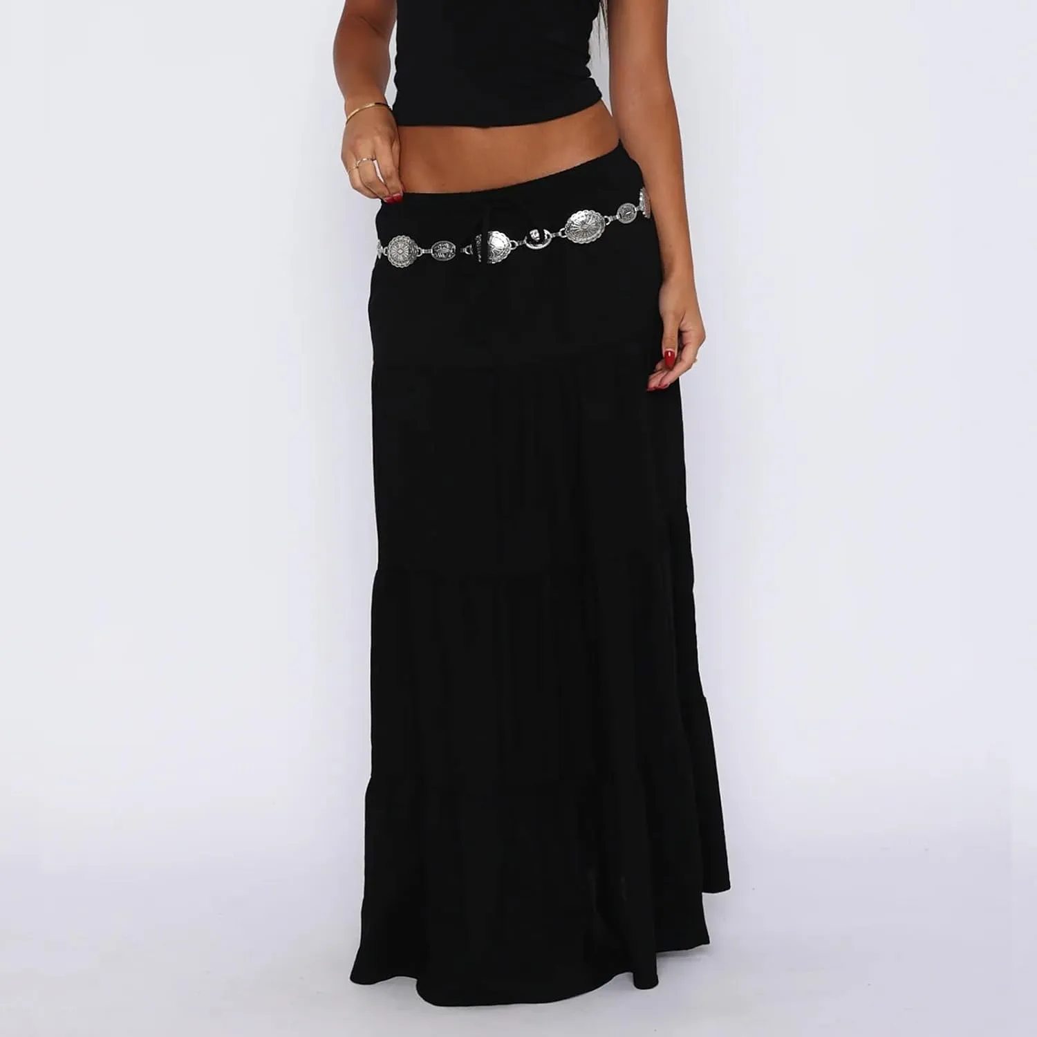 Women's Long Maxi Skirts Elastic High Waist Tiered Flowy Long Skirt Pleated Swing A-Line Maxi Summer Beach Skirt