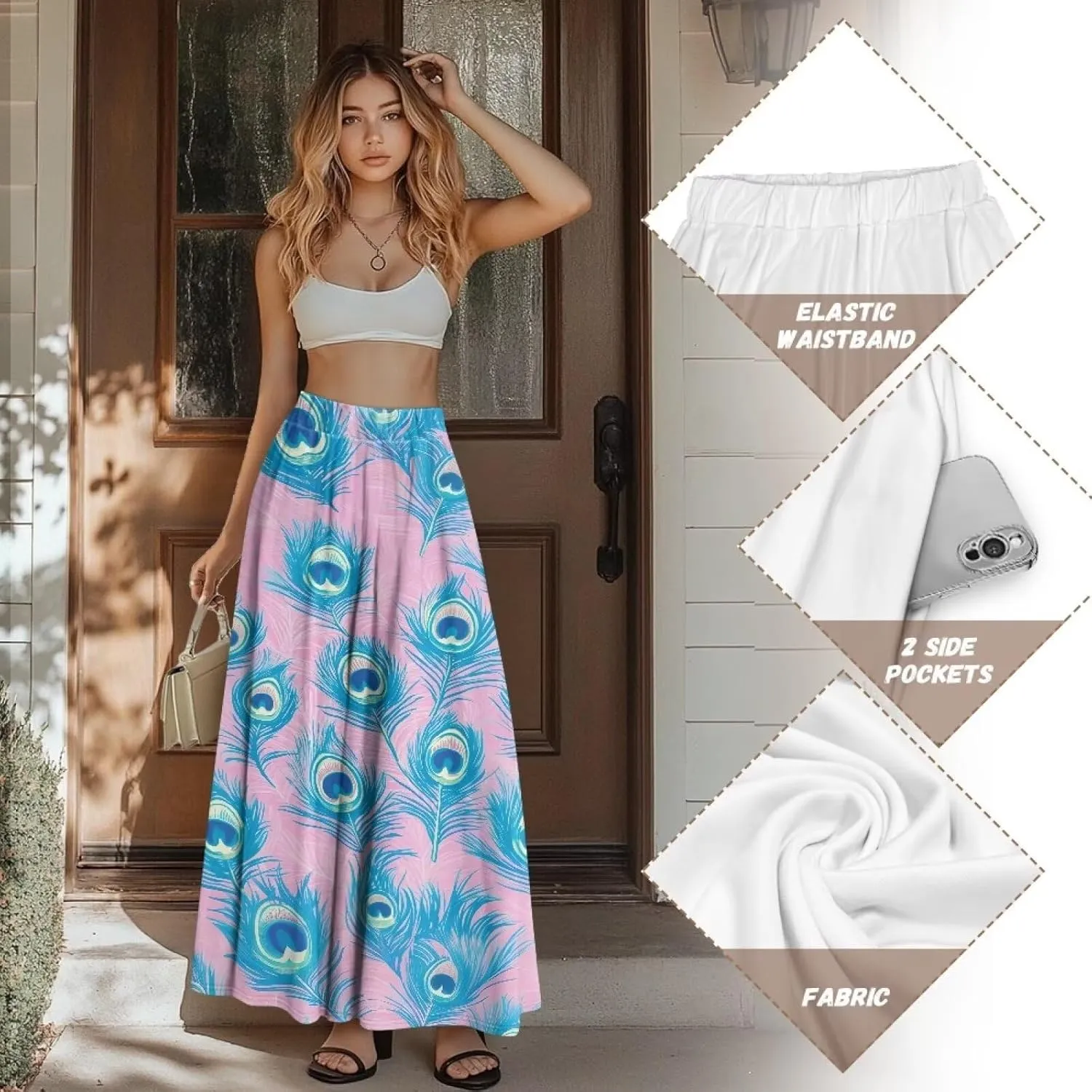 Women's Maxi Skirt High Waisted Stretch Flowy Swing Long Skirts with Pockets Floral Skirt for Casual Festival S-2XL