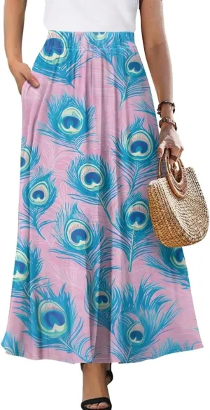 Women's Maxi Skirt High Waisted Stretch Flowy Swing Long Skirts with Pockets Floral Skirt for Casual Festival S-2XL