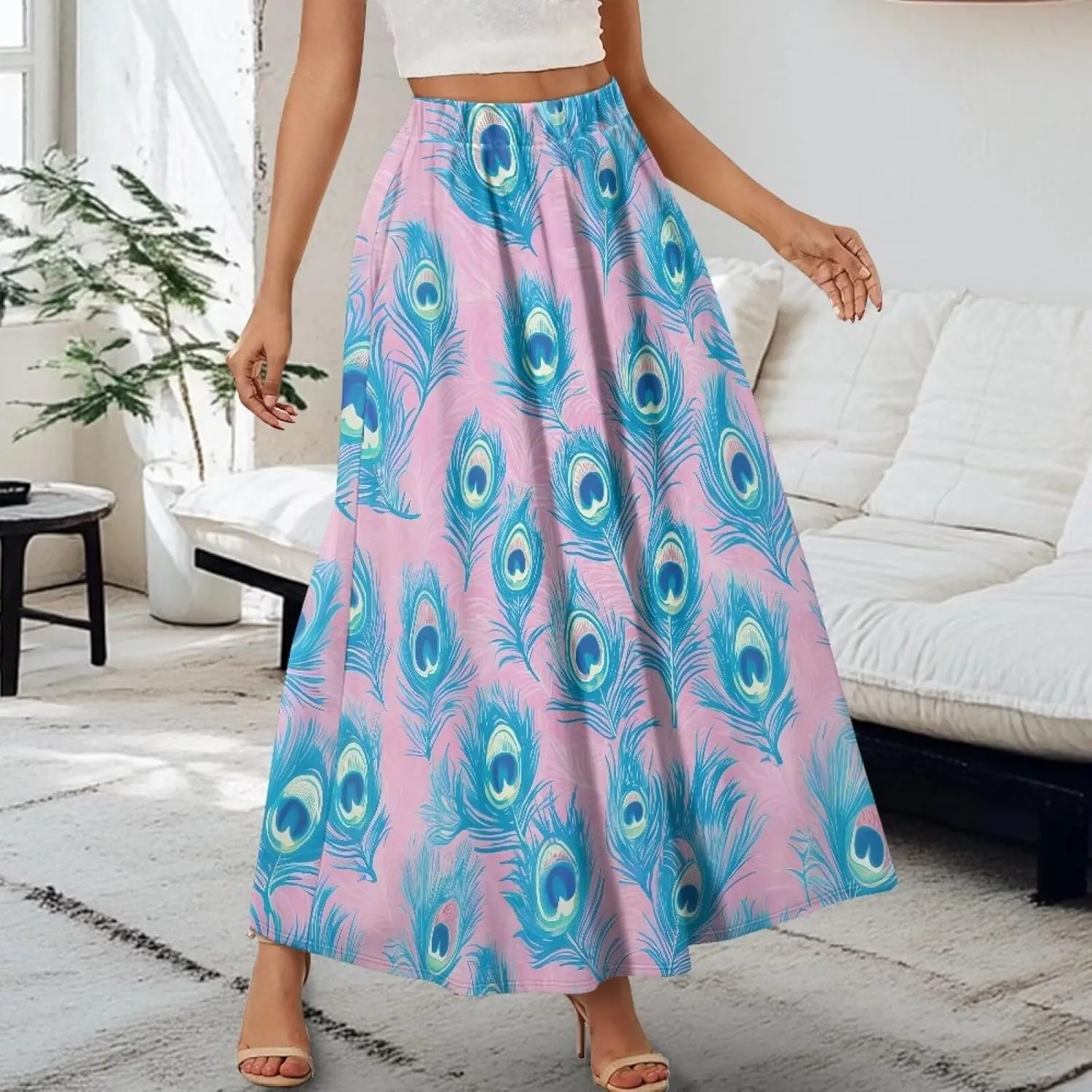 Women's Maxi Skirt High Waisted Stretch Flowy Swing Long Skirts with Pockets Floral Skirt for Casual Festival S-2XL