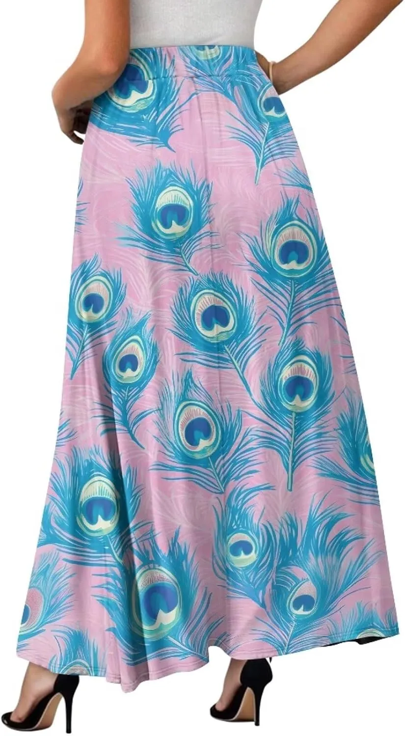 Women's Maxi Skirt High Waisted Stretch Flowy Swing Long Skirts with Pockets Floral Skirt for Casual Festival S-2XL