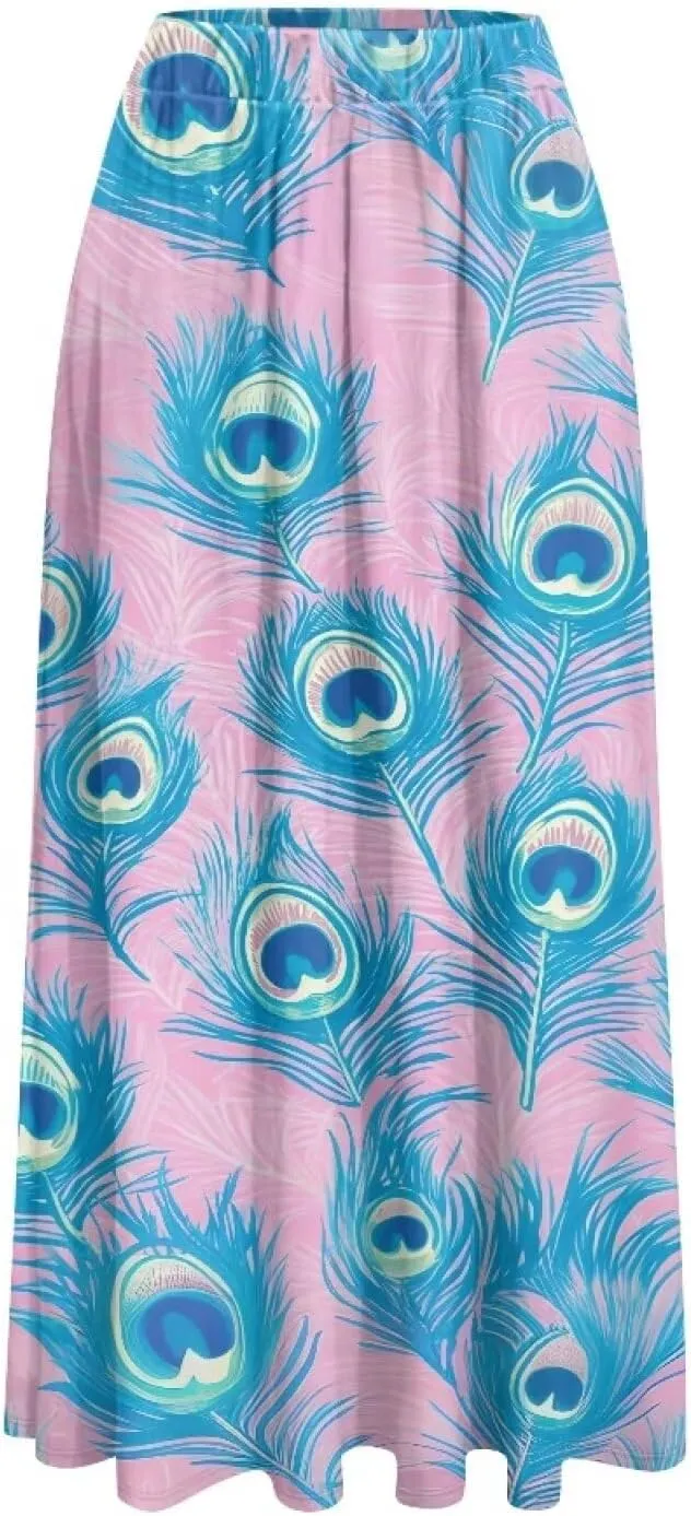 Women's Maxi Skirt High Waisted Stretch Flowy Swing Long Skirts with Pockets Floral Skirt for Casual Festival S-2XL