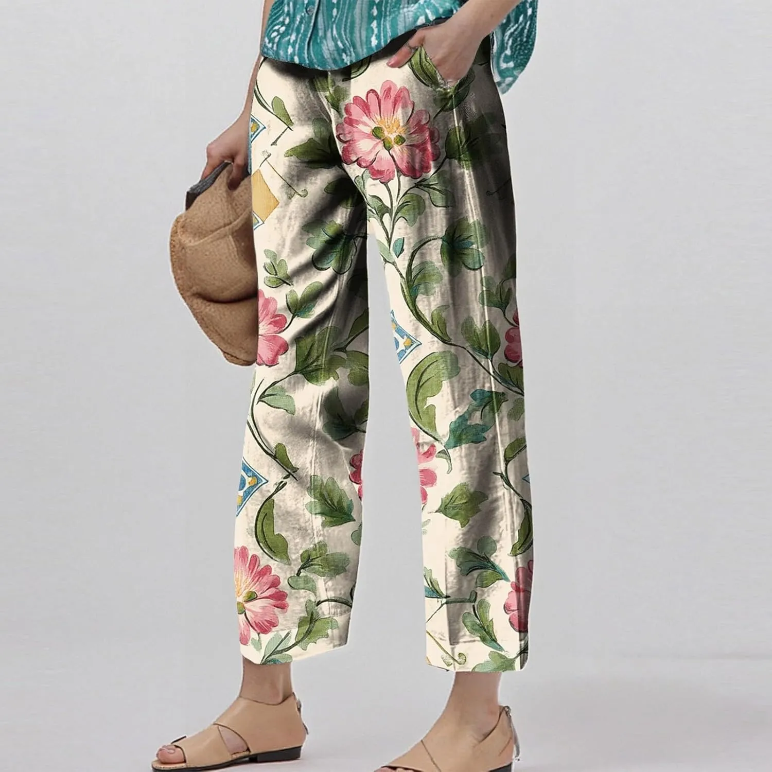 Womens Pants Boho Floral Linen Pants Elastic Waisted Casual Cotton Linen Drawstring Summer Beach Vacation Trouser