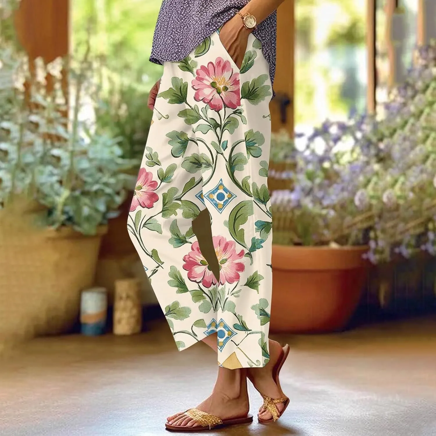 Womens Pants Boho Floral Linen Pants Elastic Waisted Casual Cotton Linen Drawstring Summer Beach Vacation Trouser