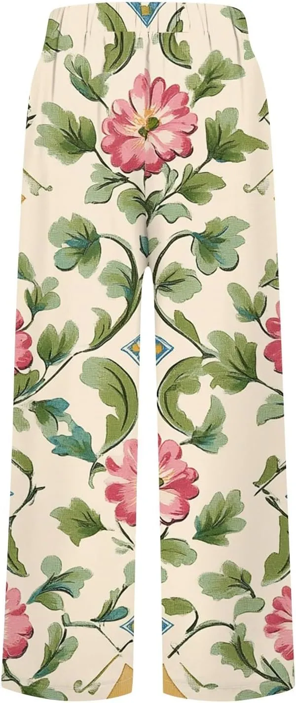 Womens Pants Boho Floral Linen Pants Elastic Waisted Casual Cotton Linen Drawstring Summer Beach Vacation Trouser